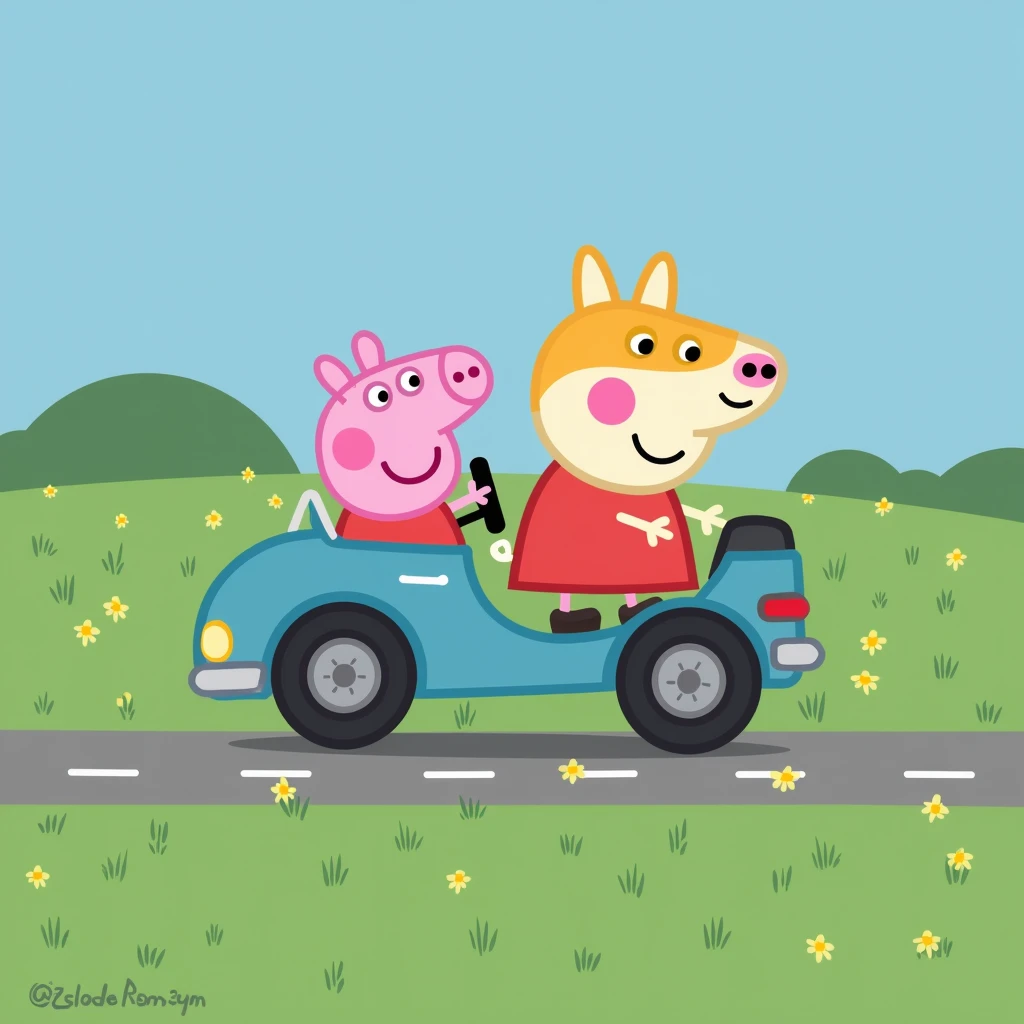 An Akita dog takes Peppa Pig on a self-driving trip to the grassland.