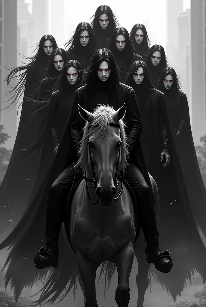 In black and white make 13 male vampires with red eyes, and long black hair riding a horse