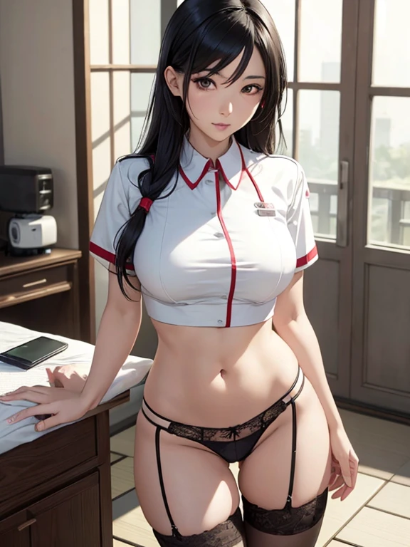 Photorealistic, high resolution, A Japanese Nurse named Jade, Solo, Hips up, view the viewer, (Detailed face), Black hair, Long hair, Nurse outfit, black Panties, Stockings. Fully clothed