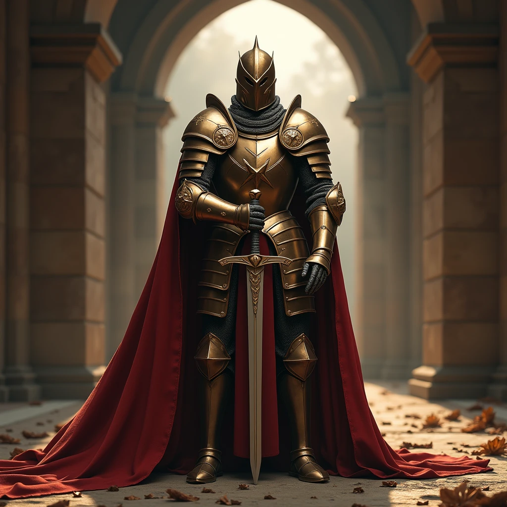 (Highest quality,4K,8k,High resolution,masterpiece:1.2),Very detailed,(Realistic,Realistic,Photorealistic:1.37),A warrior in armor stood in the hall brandishing a sword., Full-body portrait of a mysterious knight, Wearing heavy armor,Sacred warrior wielding a legendary sword, Mythical warrior in full plate armor, Golden knight clad in holy armor, Concept art of a glorious figure, crimson armor knight, Grand Paladin's armor, holy medieval knight, Get down on one knee, Blade embedded in the ground, propose, Full Body Shot.