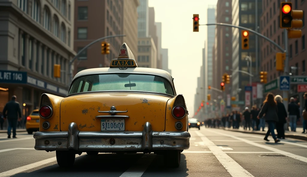 3/4 rear view, a worn out new york cab at a traffic light in the morning, editorial photography