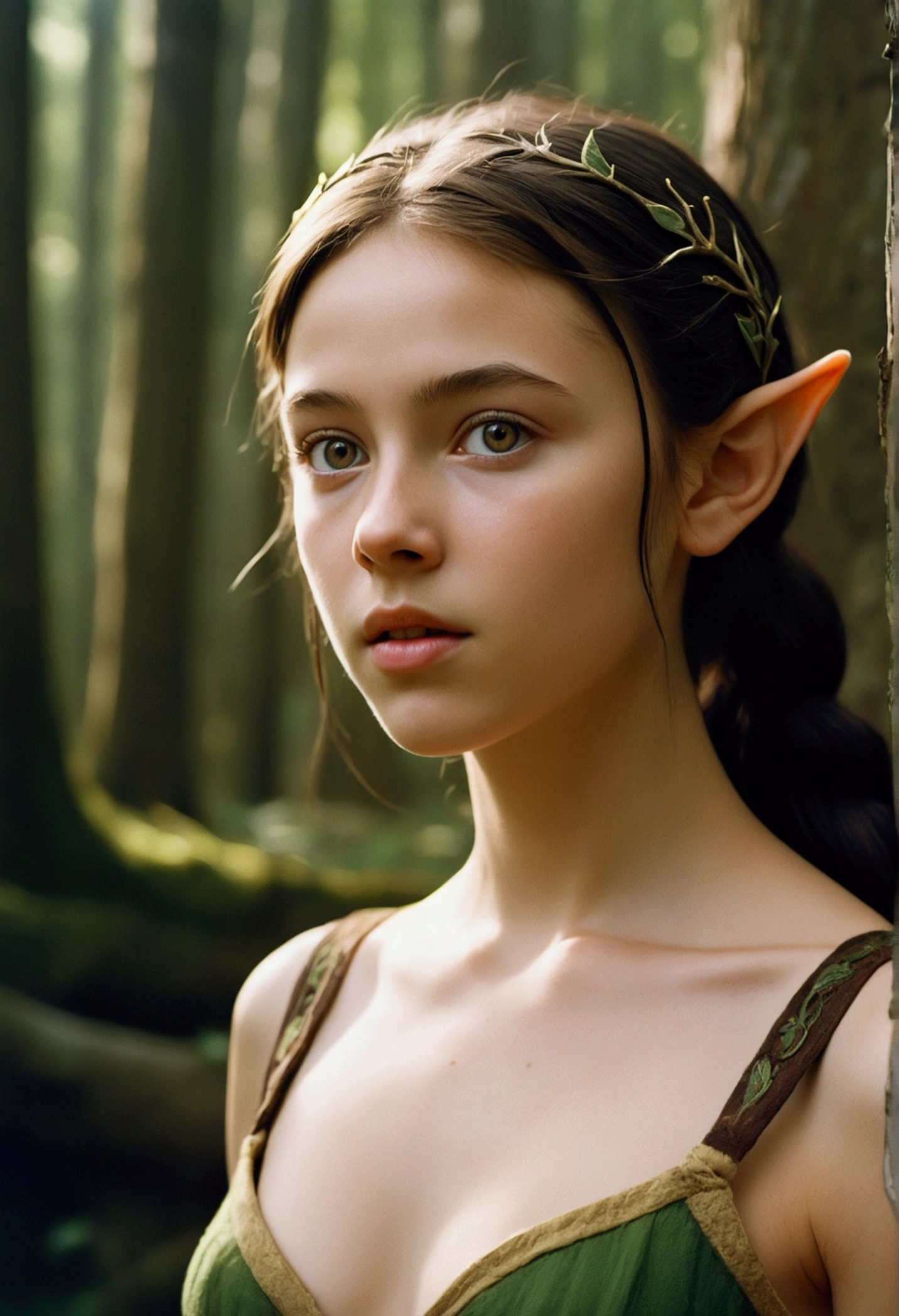 og film photo, photo of a young elven girl, 18 years old, elf ears, amber eyes, brunette ponytail with shaggy bangs, sun-tanned complexion, olive skintone, slender hourglass figure, narrow waist, full hips, plump buttaring elven lingerie, resembles Mackenzie Foy, strolling through a fantasy landscape, RAW Photograph, dslr, soft lighting, high quality, film grain, Fujifilm XT3, detailed skin with visible pores, insane details, masterpiece, 8k, 35mm photograph, dslr, kodachrome, faded film, desaturated, grainy, vintage, Lomography, stained, highly detailed, found footage, close-up shot, elven ears