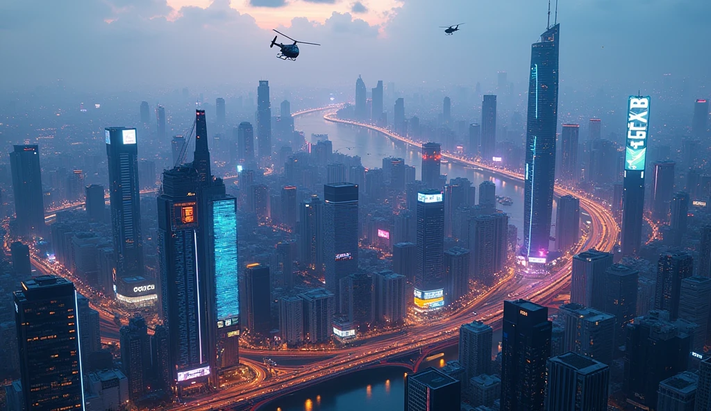 ((masterpiece, highest quality, best image quality, High resolution, realistic, RAW photo, 8k)), (Helicopter shot, Looking down on the sci-fi futuristic cyberpunk Ho Chi Minh city at daytime from above:1.3), Landmark 81, Bitexco Tower, Sai Gon river, glowing futuristic hologram and LED advertising board