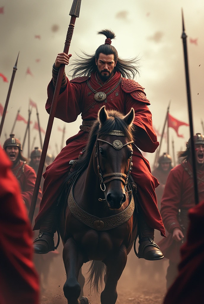 Movie Lenses,Describing the Three Kingdoms period,The Chinese war god Lü Bu rides a horse.,Long hair spread out,His face was covered in blood,Holding a spear in the left hand,Holding the reins with the right hand,Expression identification,Fighting in the crowd