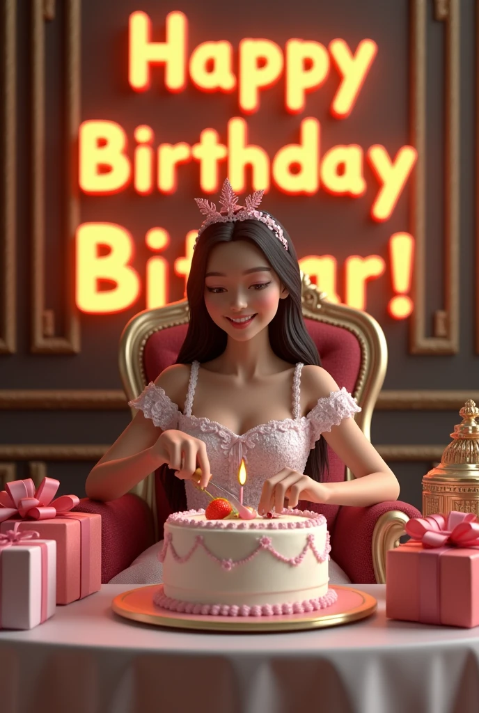 create realistic illusion image of A 18 year old girl is sitting on a king chair and she is cutting the birthday cake, there are many gifts kept next to it and Happy Birthday bittan, 3d text is written on the back wall"