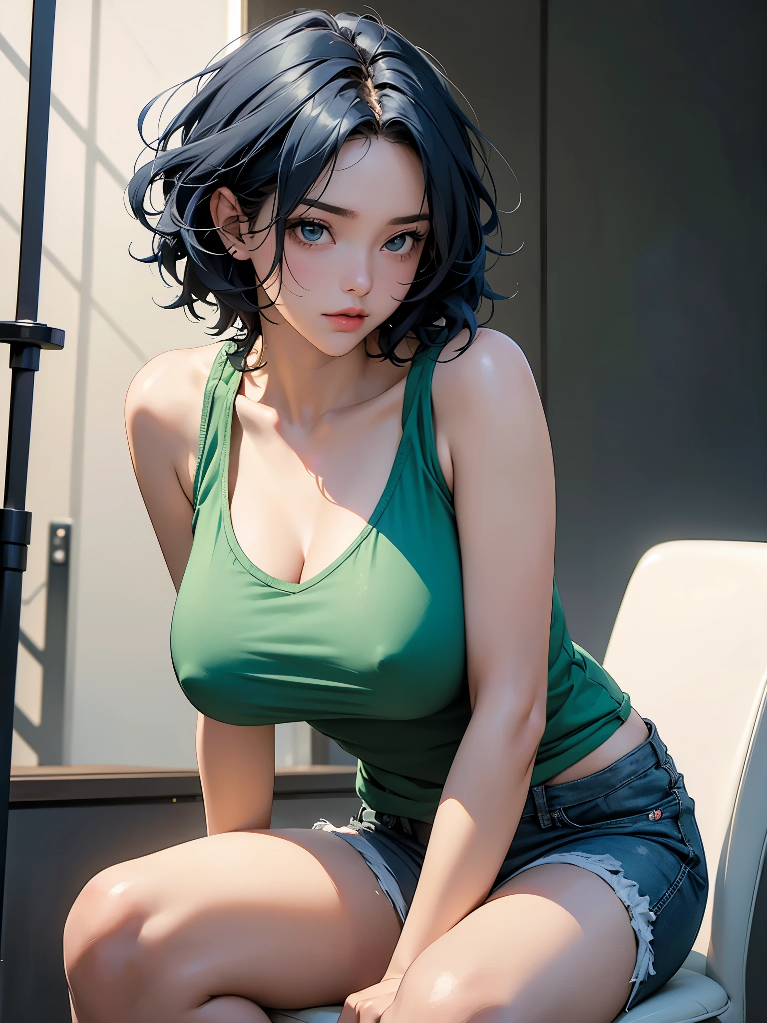 A fit young woman in her 20s. short curly blue hair, wearing a green tank top and grey shorts. no background. on the stage. 카메라를 바라본다
huge boobs."A model leaning forward while sitting on a chair, her elbows resting on her knees, her hands clasped together, and her chin resting on her hands, giving a seductive, intense gaze directly into the camera."