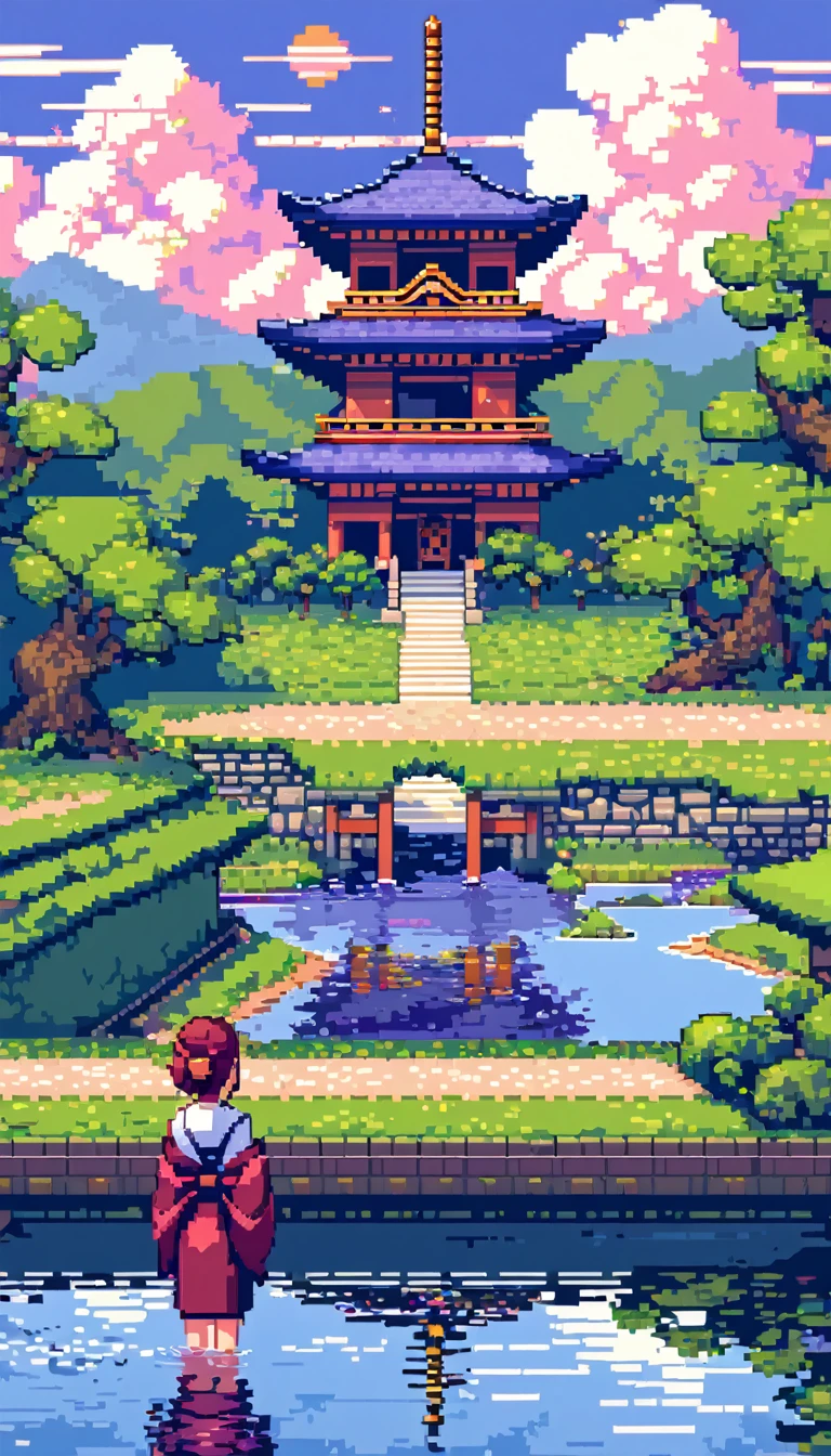 a girl looking across the water next to an arched temple, in the style of colorful pixel-art 8-bit, suburban ennui capturer, use of traditional japanese artistic techniques, 2d game art, light maroon and indigo, southern countryside