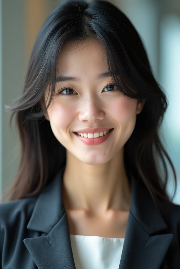 Real。Photo quality、Realistic、Beautiful Secretary。Japanese。28 years old、Honesty、intellectual、smile、Black Hair、Straight hair、like、sexy