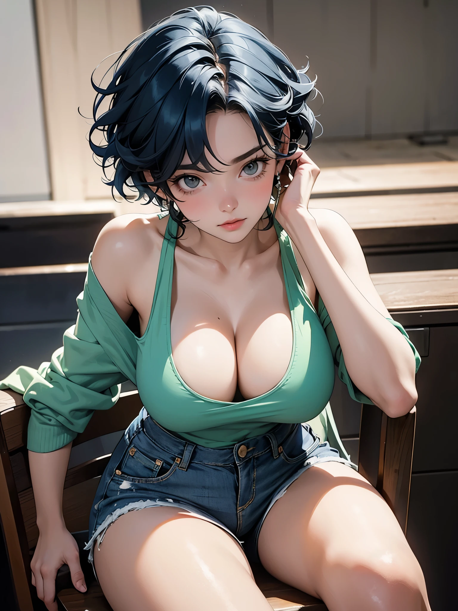A fit young woman in her 20s. short curly blue hair, wearing a green tank top and grey shorts. no background. on the stage. 카메라를 바라본다
huge boobs."A model leaning forward while sitting on a chair, her elbows resting on her knees, her hands clasped together, and her chin resting on her hands, giving a seductive, intense gaze directly into the camera."