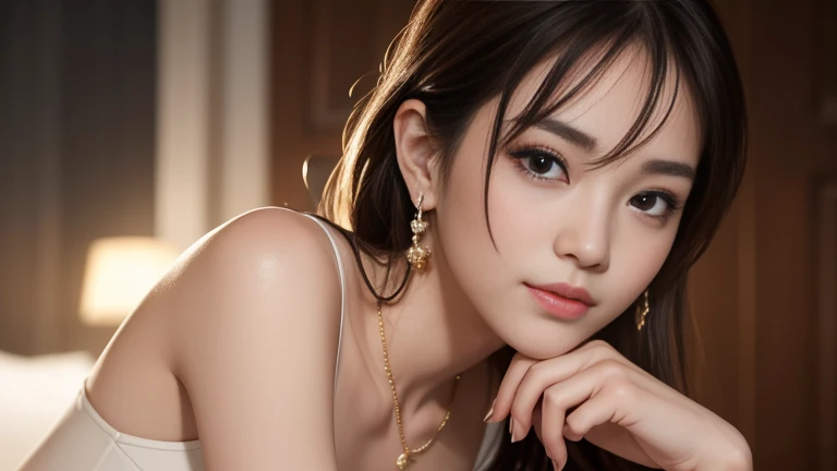 8k, masterpiece, RAW Photos, Highest quality, Realistic, 非常に精細なCG Unity 8k壁紙, Written boundary depth, Cinematic Light, Lens flare, Ray Tracing, (Very beautiful face, Beautiful Lips, Beautiful Eyes), Intricately detailed faces, ((非常に詳細なskin)) 1 girl, Deep Shadow, One of the Japan, (Very slim slender fit-muscled body:1.3), ((Looking at the audience)),(big smile:1.0), (No people in the background:1.3), Beautiful earrings, bracelet, necklace, pantyhose, Clear Eyes, Front shot, (青白いskin), (Big eyes), I'm looking forward to, (Full Body Shot), (Brown Hair), (Looking at the audience:1.3), Very slim, Thin thighs, Turn back,big bust、((Perfect Style))、Long Hair、(輝くskin:1.5)、Big eyes、(Please show me the amount)、Dim Light、Gloss々skin、色白skin、big 、Attractive look、On all fours in bed、thin, Sheer black lingerie、Browsing Caution