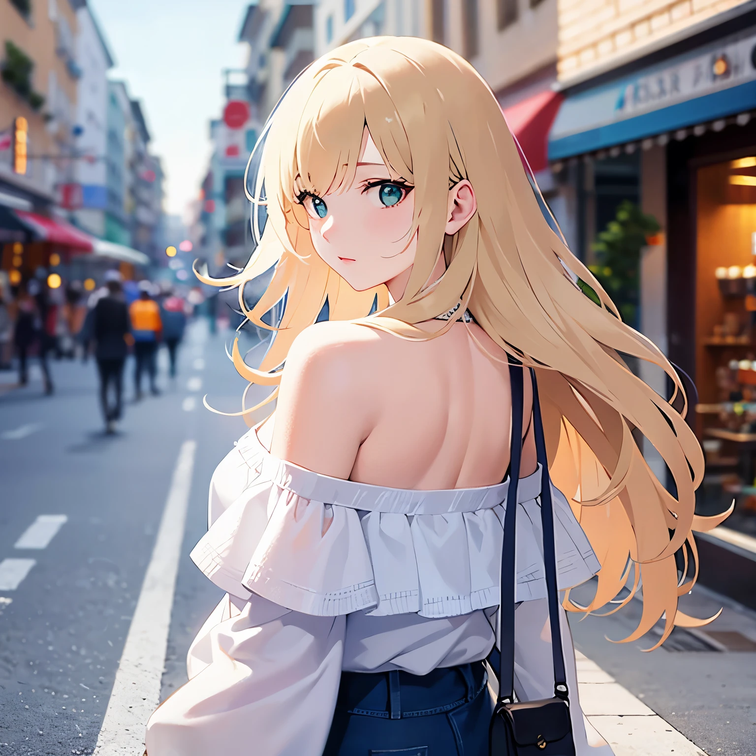 look back, (outstretched hand:1.3), Biologically correct five fingers、Cleavage、Upper Body, Realistic, real person, (pale skin: 1.2), RAW photo, photorealistic, shiny skin, shiny hair、(A 25-year-old woman with medium-length hair and bangs) and (wavy hair) and (Blonde Hair) and (green eyes) , BREAK (white) and (off shoulder blouse) BREAK 、(sad:1.2), The background is a shopping street、Alone、Are standing