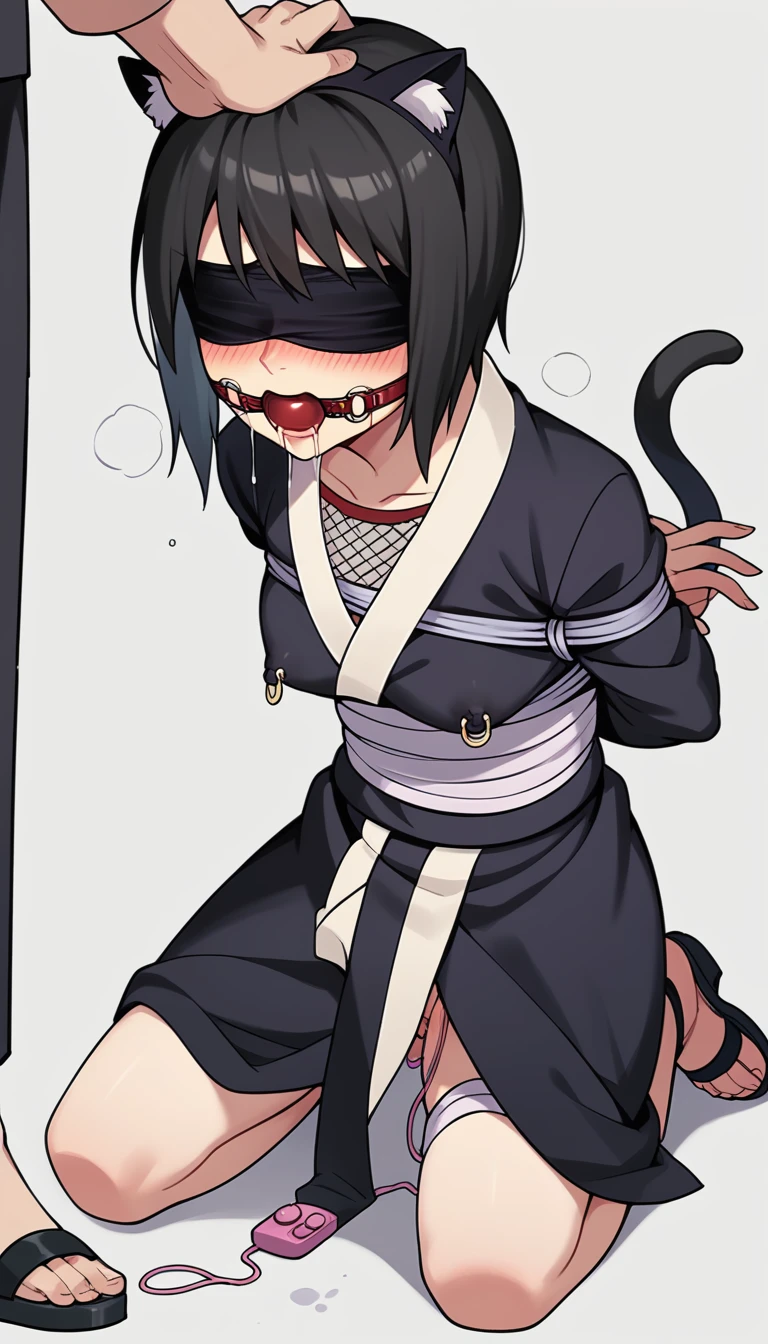 shizune, black hair, black eyes, black kimono, sandals, red gag, Blushing, frowning, Bondage and BDSM, Whole body, kneeling position on the floor, Arms tied behind back, facing forward, saliva, drooling, excessive saliva, Fake cat ears, fake cat tail, pussy vibrators, Takate Kote, Panting, ((Blindfolded eye, Blindfold around the head )), Cat position, Nipple piercing 