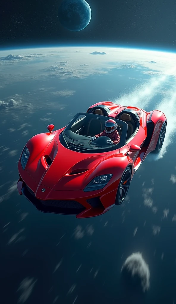 hyperréaliste , masterpiece, vue aérienne d’une super voiture de sport rouge décapotable conduite par un cosmonaute avec une planète bleue au loin en arrière-plan, Dérive dans l’espace, SpaceX, Epic Road - Voyage dans l’espace, la voiture Vole dans le vide de l’espace, Tesla moderne, regarder dans l’espace, voler dans l’espace, Lancement dans l’espace, cosmonaute dans l’espace, voyage dans l’espace