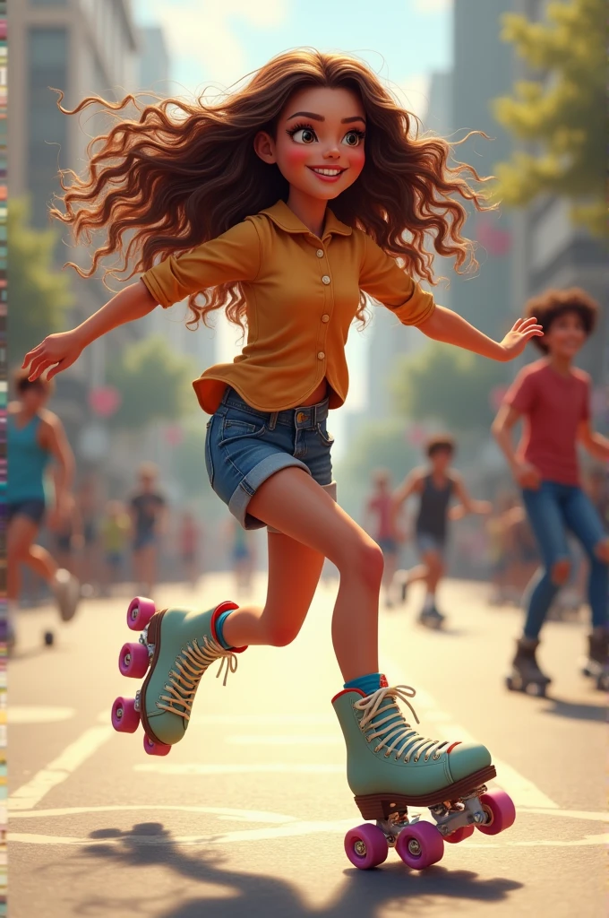 A girl with brown, curly hair roller skating, with the letters AV in the lower right corner.