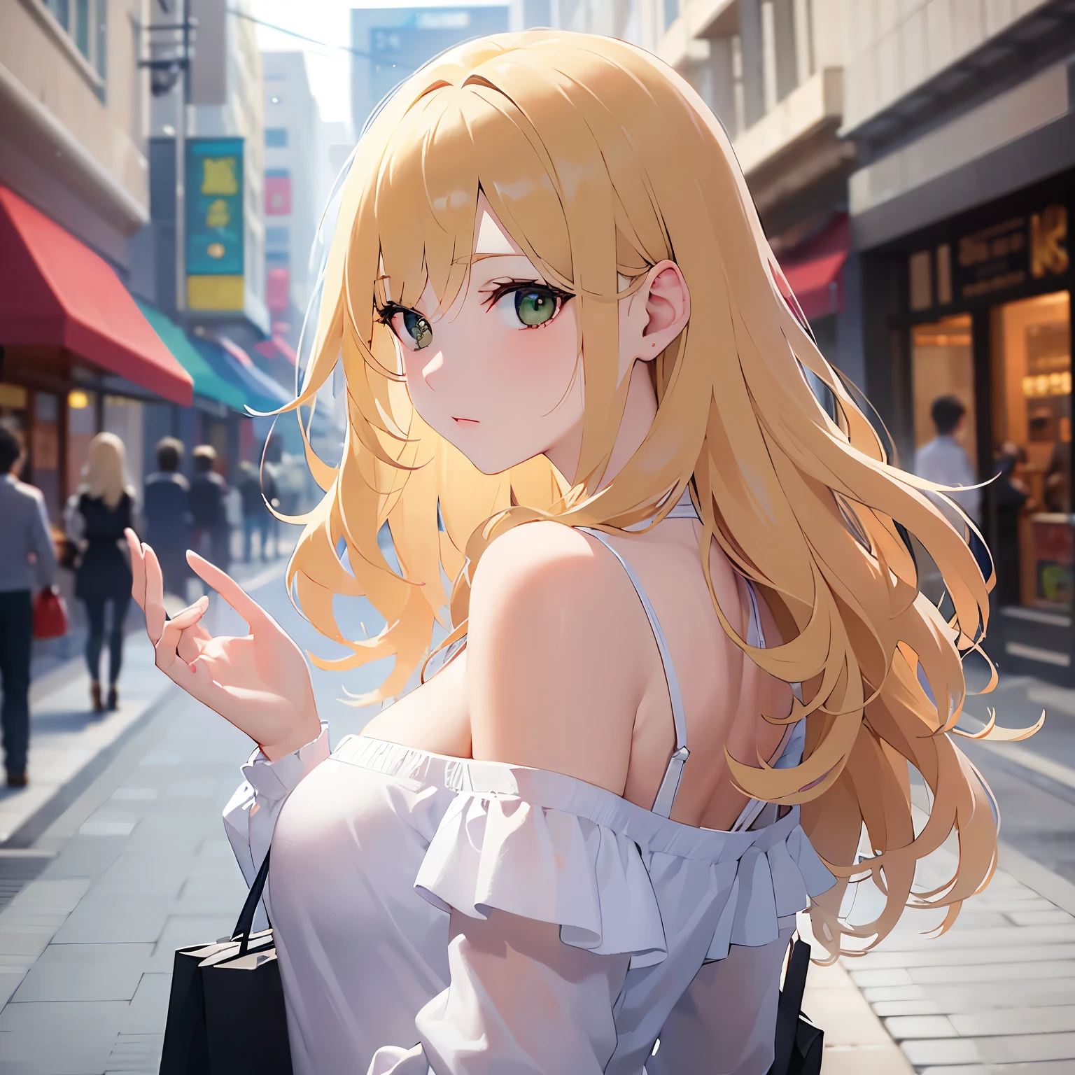 look back, (outstretched hand:1.3), Biologically correct five fingers、Cleavage、Upper Body, Realistic, real person, (pale skin: 1.2), RAW photo, photorealistic, shiny skin, shiny hair、(A 25-year-old woman with medium-length hair and bangs) and (wavy hair) and (Blonde Hair) and (green eyes) , BREAK (white) and (off shoulder blouse) BREAK 、(sad:1.2), The background is a shopping street、Alone、Are standing
