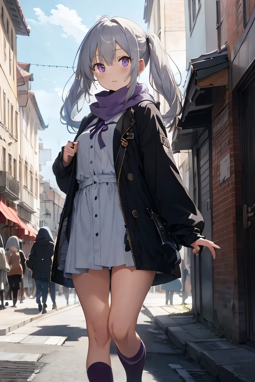 full body,solo,{{wind coat}},Prompt bishoujo, original, extremely detailed 8K wallpaper, 1girl, {an extremely delicate and beautiful}, bangs, silver hair/purple eyes, blush,twintails,flat_chest,neck ribbon,shirt,eyes visible through hair,full body, {gun},young girl,street，{{{masterpiece}}},best quality,Amazing,finely detail,solo,{{floating hair}},detailed background,beautiful detailed eyes,modern,Europe,scarf