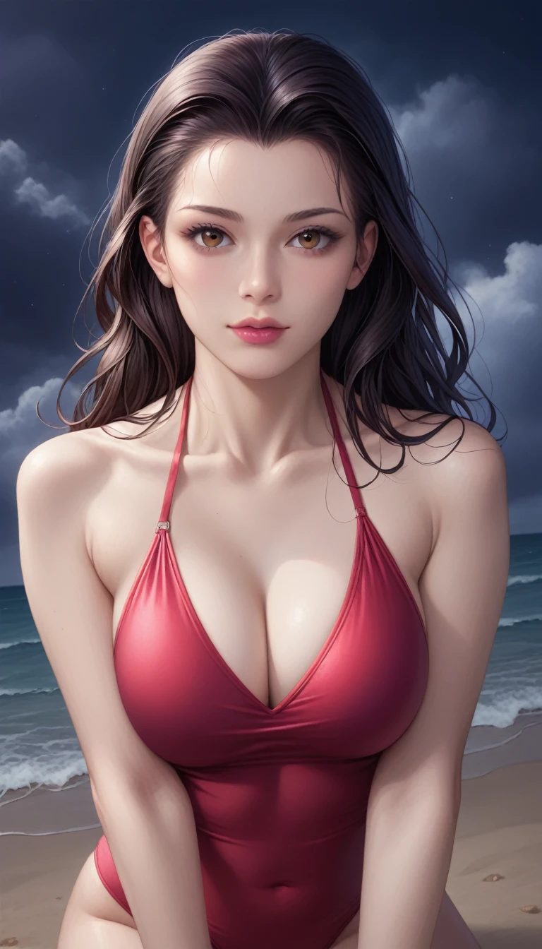score_9, score_8_superior, score_7_superior, High-resolution CG illustration,A masterpiece in 32K resolution,Highest quality,it is really amazing,Very detailed,Ultra-high resolution,Ultra-realistic,Realistic,Increased depth of field,Cinematic lighting,
Sexy mature Japan woman,
Long black hair,Showing his forehead,Ultra-detailed and beautiful face,Calm and gentle look,Beautiful brown eyes,Translucent white skin,Realistic skin texture,Great proportions,
Elegant red swimsuit,
Simple design,Chic color scheme based on red,Detailed fabric texture,
(Dark overcast sky on a dull night:1.1),(Dark clouds filling the sky:1.1),Thundercloud,Coastline at night,Stormy seas,delay々A desolate sandy beach that continues,
Kneeling on the sand,High angle,