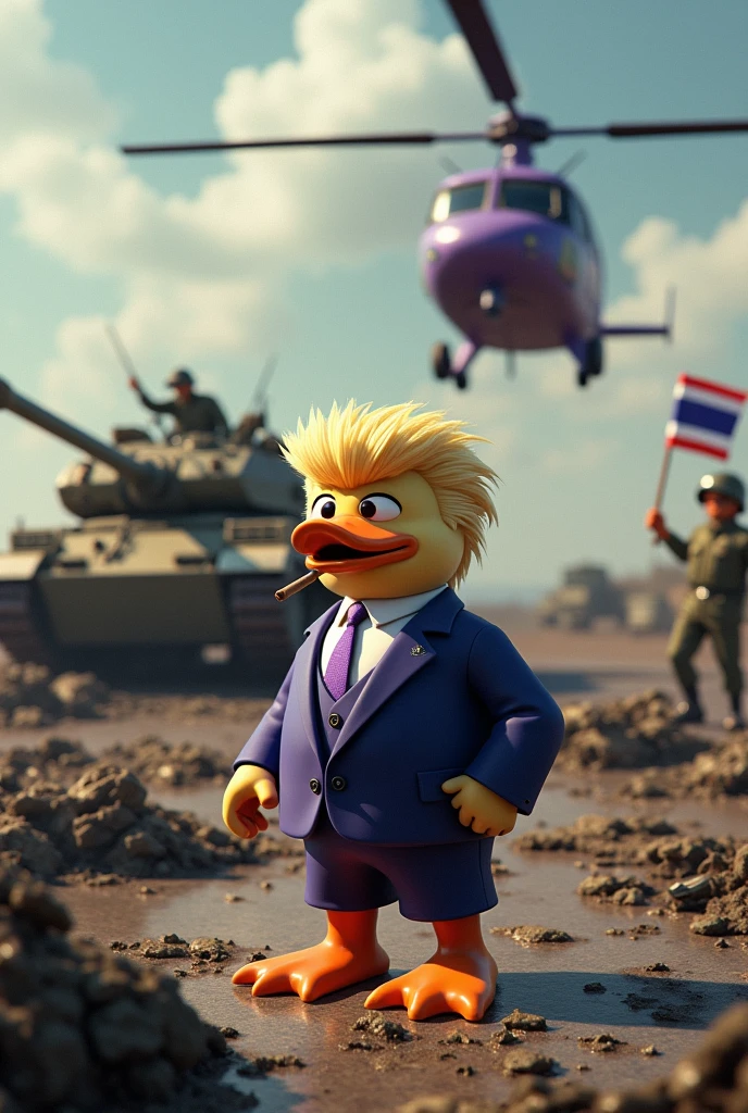 Purple helicopter shooting machine gun at the tank, battlefield background, dead soldiers on the ground, mafia duck with soft fur skin wearing a suit and pants with hairstyle of donald trump standing on ground smoking cigar, one soldier holding thailand flag behind