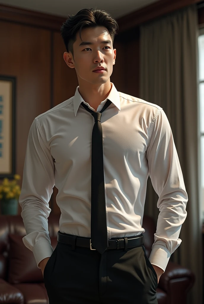 1 handsome Korean gentleman, 37 years old, Lawyer, formal shirt and tie, Lawyer,wetclothes,wear glasses,provocative and erotic pose, armpit sweat, Professional attire, Handsome and elegant, Wearing uniform, sexy abstinence, wearing blouse, Masculine and handsome, muscular, Nice looking muscles, , fair skin, Black eyes (1:3 thin eyes), Full body shot, erotic face, firm chest, provocative, , sexy