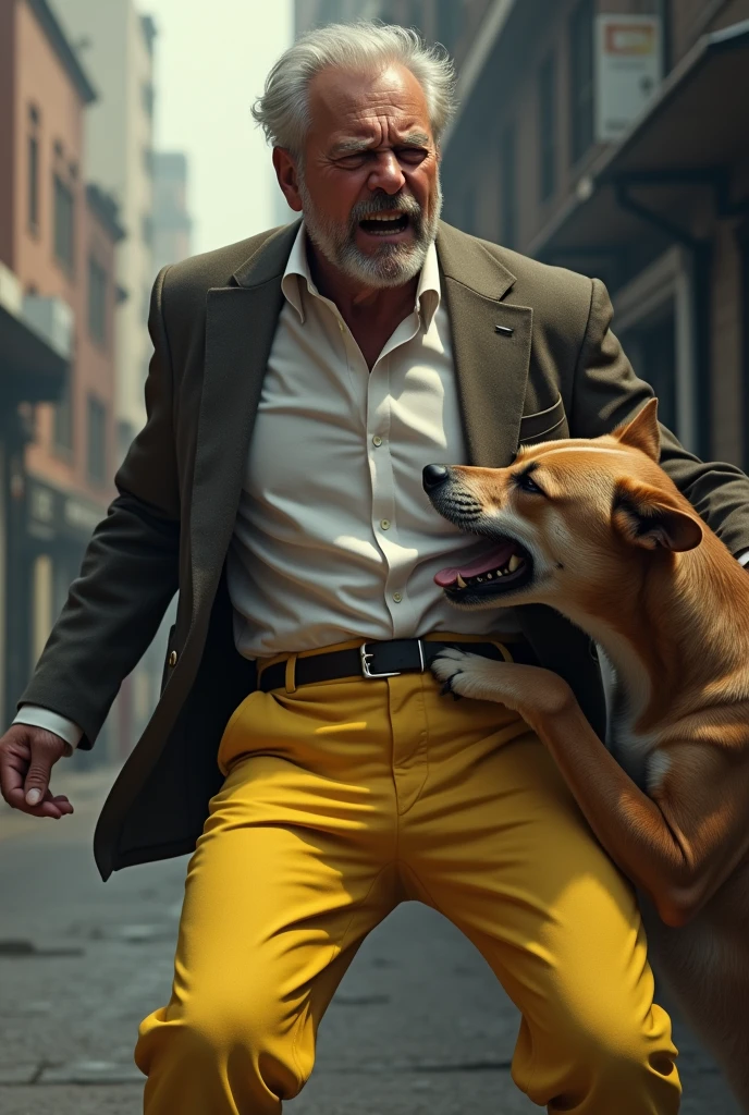 dog bite man yellow trousers butt
