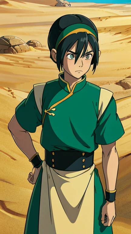 (1girl, toph_bei_fong, white eyes, blind), (extremely detailed CG unit 8k wallpaper),(master part), (best quality), (ultra detail), (best illustration),(melhor ombre), cowboy shot, (Sharp eyeliner, ombre, detailed eyes:1), sand dunes, outdoor background,break , (ghibli style), upper body, black hair, short hair, hair bun, hairband, chinese clothes, light frown, 