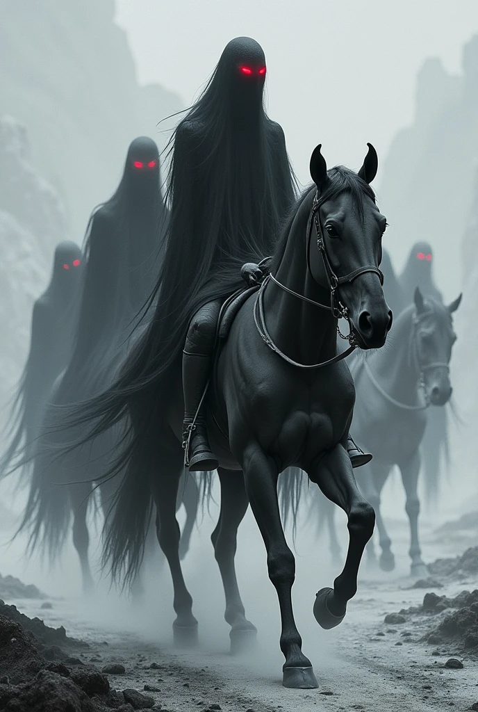 In black and white make 13 ice men with red eyes, and long black hair riding a horse