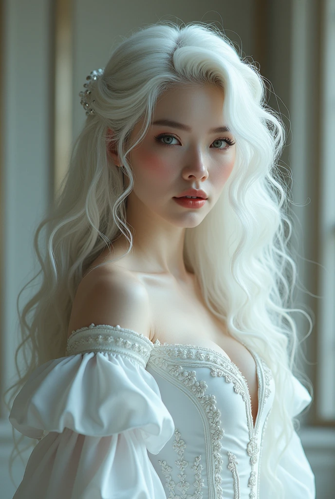Make a beautiful woman aged 19 with white hair and black curls, white eyes , beautiful and perfect face, beautiful and perfect body, of clothes that have a white queen suit
