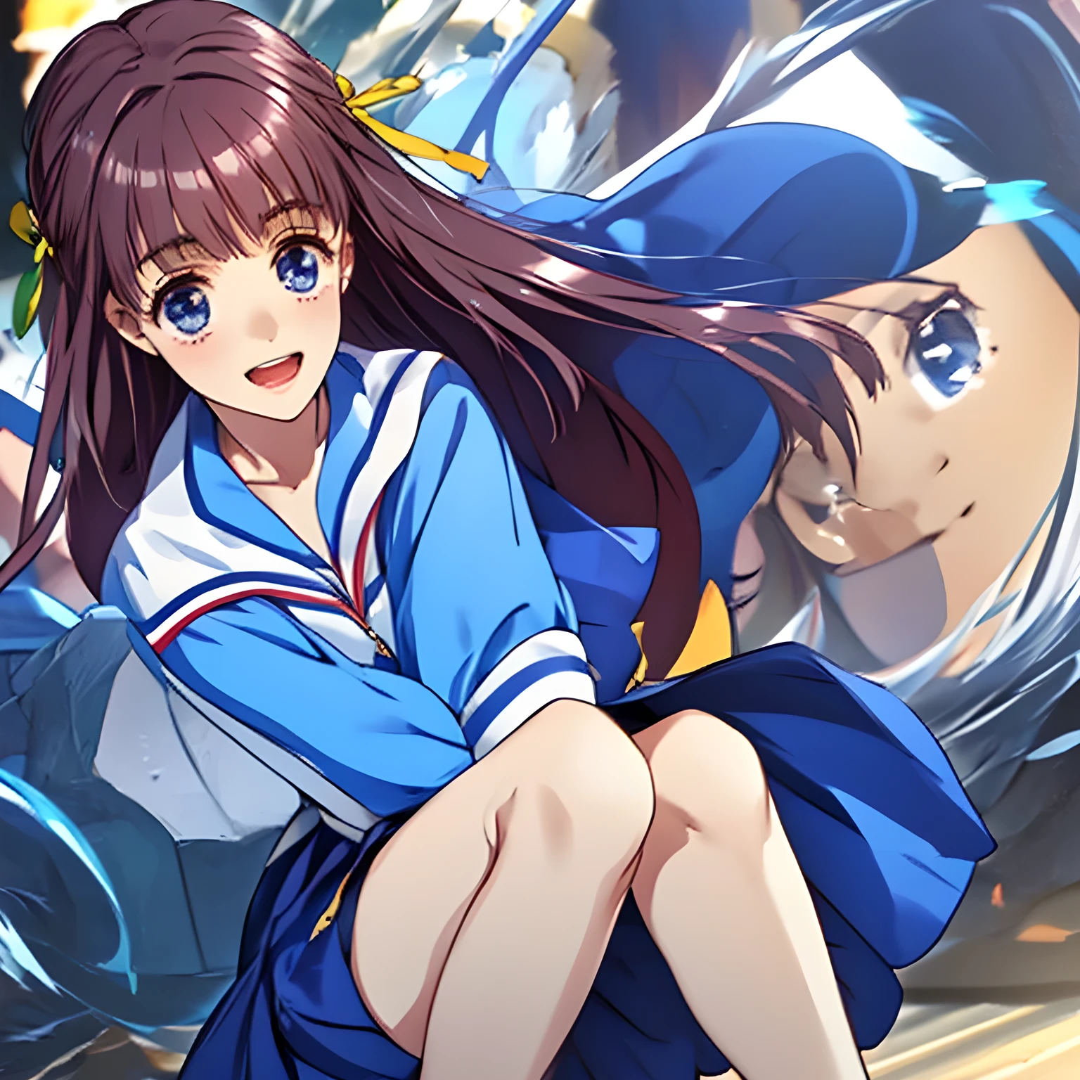 (masterpiece, Highest quality: 1.2), (Very beautiful fantasy digital artwork: 1.0), (A cutely smiling daughter of Venus: 0.3), (A smiling cute noble graceful face,  wearing a sailor uniform, Glossy lips, Beautiful white hands and feet: 1.0), (Beautiful glossy light-red super long hair, Evenly trimmed bangs), (Navy blue sailor dress, Navy blue collar of sailor suit, dark blue jacket, Dark blue sleeves, A long, navy blue pleated skirt, crimson scarf, Dark brown loafers:1.2), (Large cute blue laughing eyes as beautiful as Venus with cutely detailed: 1.6), (She Looking at me and laughing at me: 1.3), (The background is a swirling mass of very girly ribbons, girly skirts, and flowers in shining Venus harem: 1.2)