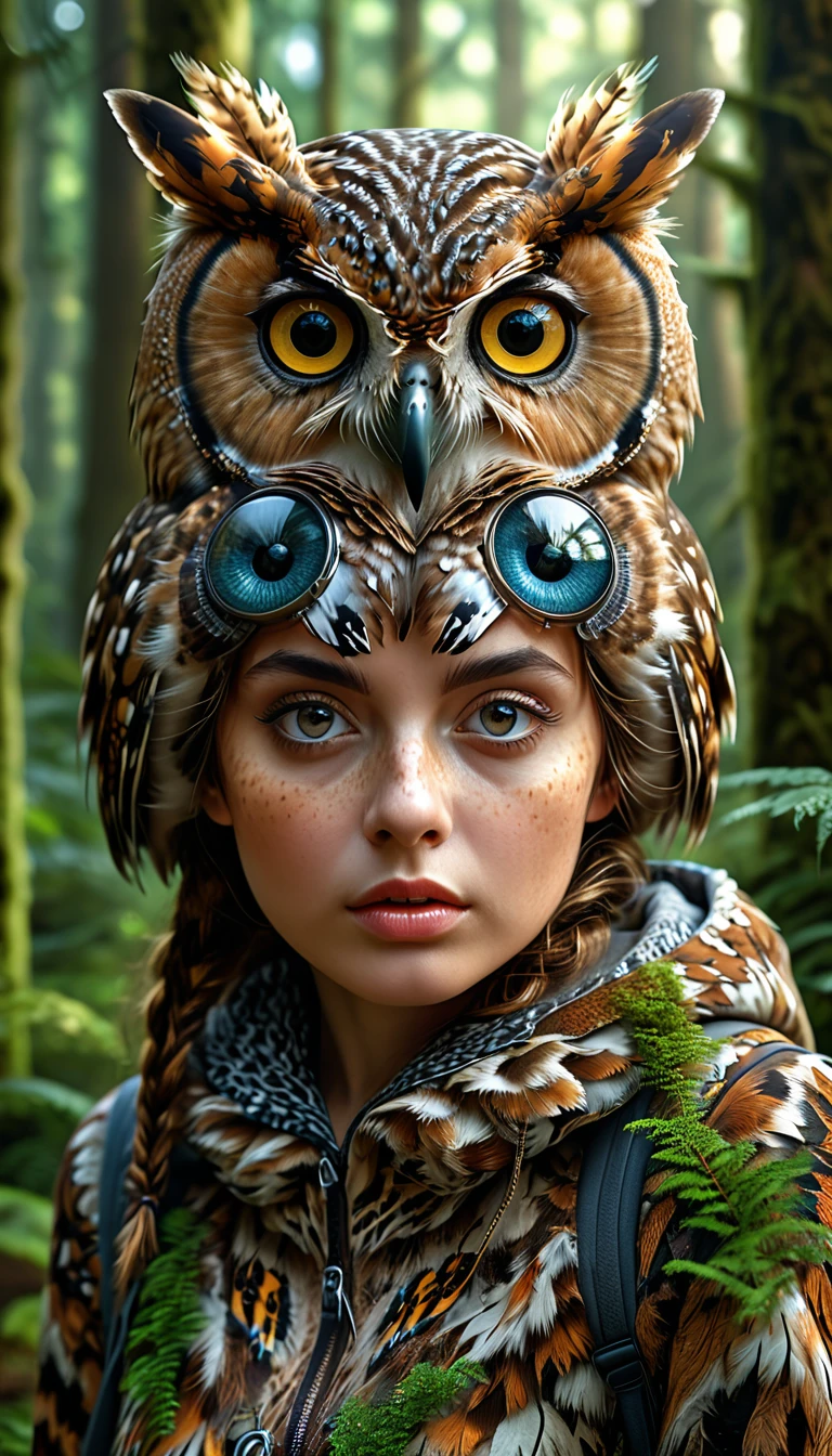 a highly detailed and realistic 4k 8k illustration of a person with four eyes and an owl-like body in a forest, (best quality,4k,8k,highres,masterpiece:1.2),ultra-detailed,(realistic,photorealistic,photo-realistic:1.37),extremely detailed animal,complex patterns,realistic lighting