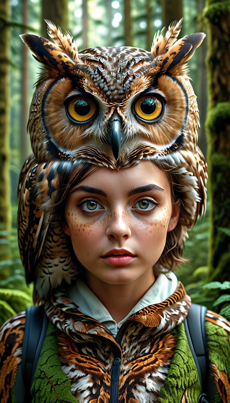 a highly detailed and realistic 4k 8k illustration of a person with four eyes and an owl-like body in a forest, (best quality,4k,8k,highres,masterpiece:1.2),ultra-detailed,(realistic,photorealistic,photo-realistic:1.37),extremely detailed animal,complex patterns,realistic lighting