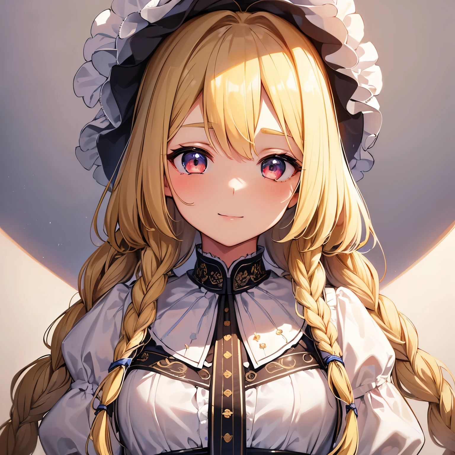 ((masterpiece)), ((Highest quality)), ((1girl)), ((light smile)), upper body, ((A lady with drooping eyes and a pure look)), ((blonde hair and twin braids)), (A cute girl with big, droopy eyes), white bonnet, (Small breasts), ((Beautiful and smooth skin)), (A pure long one-piece dress with a ribbon on the chest), (Beautifully detailed eyes), (White lace collar), (Beautifully detailed clothing), Gentle personality, ((Beautifully detailed face)), 美しい女性のanimeイラスト, Ultra-high resolution, (anime:1.1)