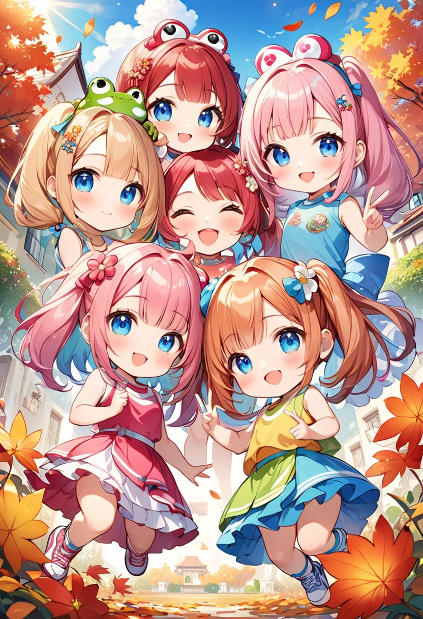 Highest quality、High resolution、Detailed Background、Beautiful face in every detail、Anatomically correct、Detailed facial expressions、fine grain、((full body, from below:1.2, looking viewer:1.2)), break ((One Girl:1.2)、((Chibi Girl:1.2)))、Bright pretty hair color、Big beautiful blue eyes、Fuller lips、Pink Lips、Braided twintails、Ahoge、(Commemorative photo in front of a new car:1.2、Several sisters huddle together in the center.:1.2)、(Cute sleeveless T-shirt、Cute Skirt、Cute sneakers、Cute hair accessories)、break ((V sign、Cheerful pose:1.2、Smiling for a commemorative photo、They are sisters and get along well.))、((The background is a peaceful country villa、Autumn flowers々、Gentle sunlight))、(The frog is jumping:1.2)