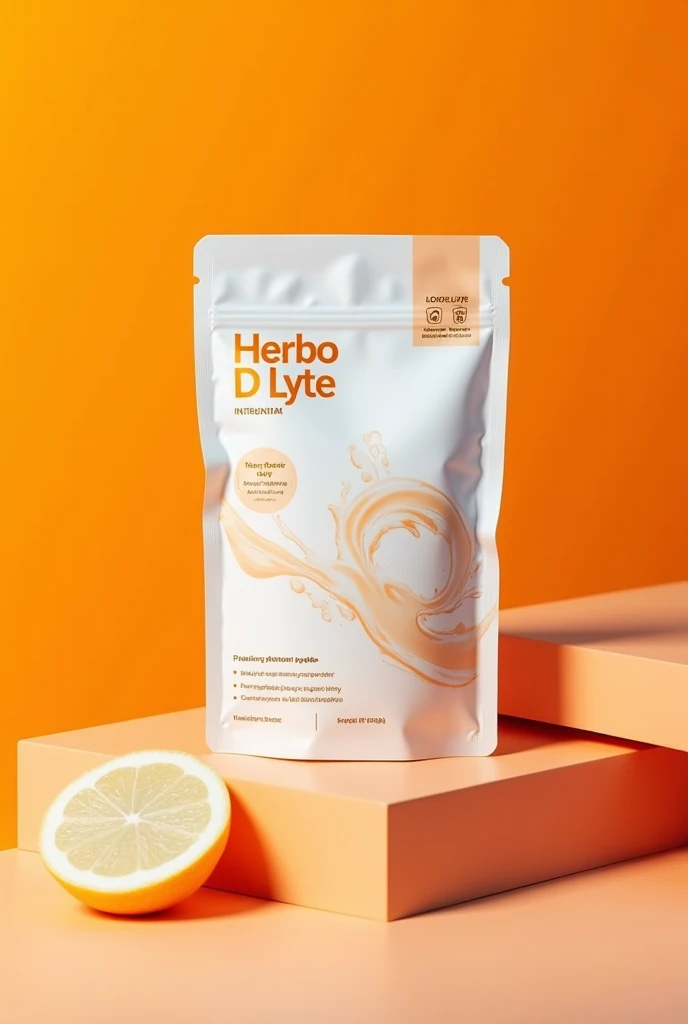 Make a sachet for Electrolyte powder with using only two colour orange and white and the name of product is Herbo D Lyte