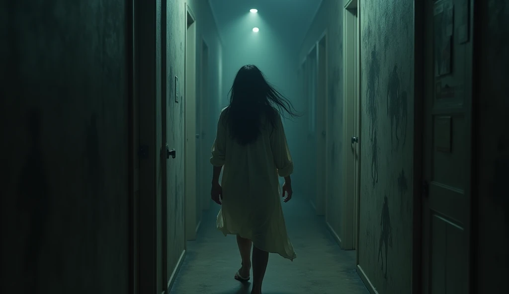 A distraught Sunaina, in her nightgown drenched in sweat, is frantically searching for Kittu in a dimly lit, narrow hallway. The walls around her are covered in shadowy figures, with Kittu's faint voice echoing from nowhere.