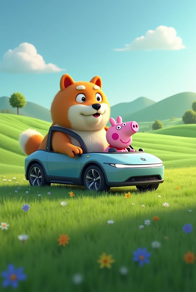 An Akita dog takes Peppa Pig on a self-driving trip to the grassland