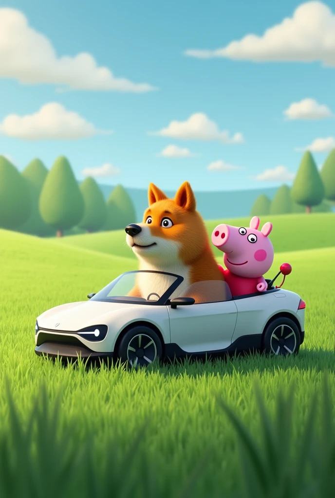 An Akita dog takes Peppa Pig on a self-driving trip to the grassland