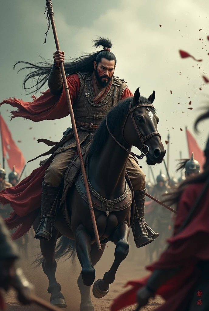 Movie Lenses,Describing the Three Kingdoms period,The Chinese war god Lü Bu rides a horse.,The clothes on the upper body are tattered and worn.,Long hair spread out,His face was covered in blood,Holding a spear in the left hand,Holding the reins with the right hand,Expression identification,Fighting in the crowd