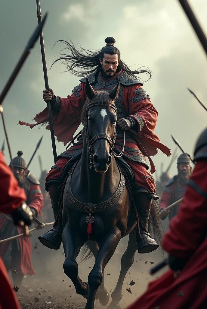 Movie Lenses,Describing the Three Kingdoms period,The Chinese war god Lü Bu rides a horse.,The clothes on the upper body are tattered and worn.,Long hair spread out,His face was covered in blood,Holding a spear in the left hand,Holding the reins with the right hand,Expression identification,Fighting in the crowd
