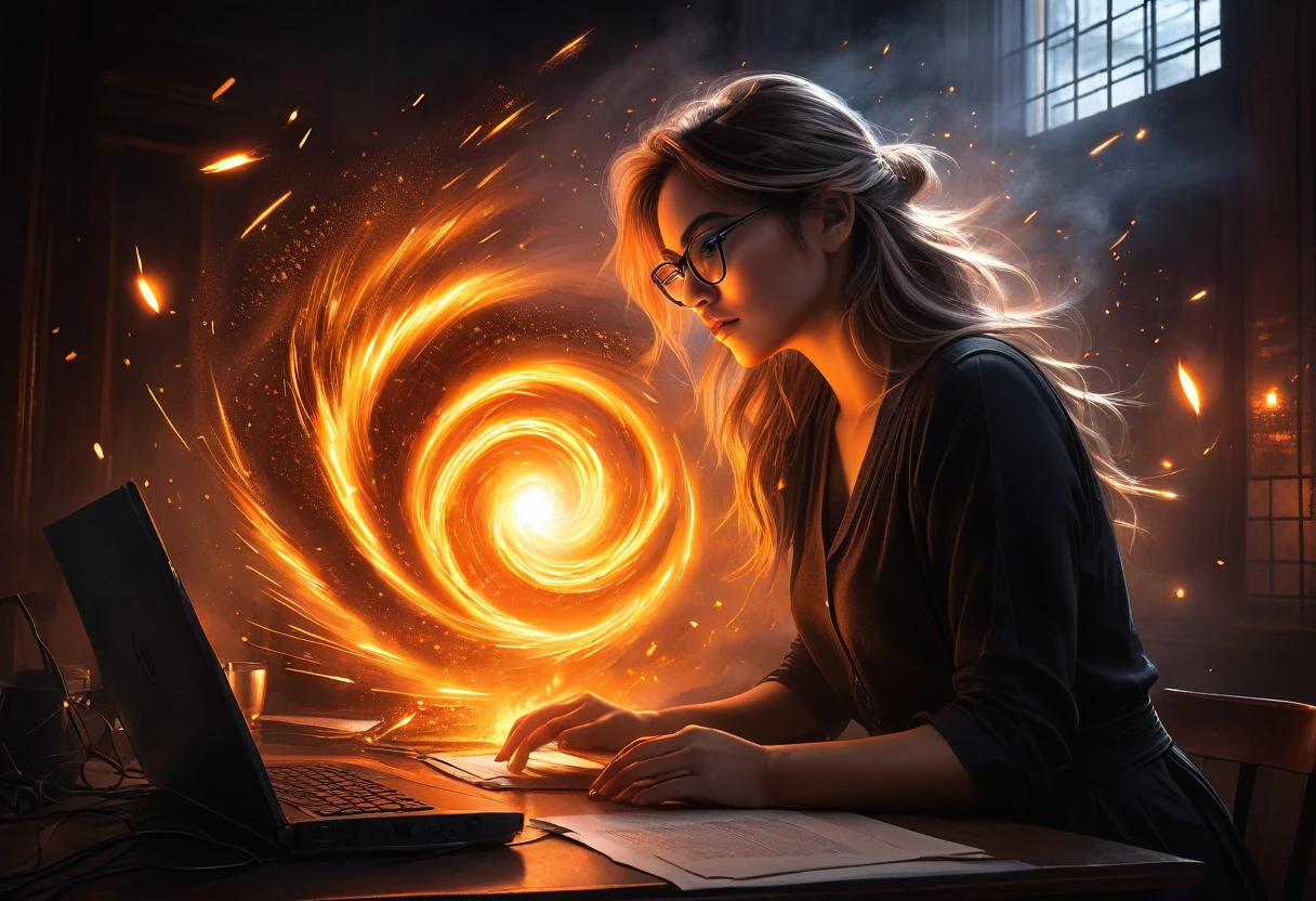 Midjourney, MJ, Midjourney style, pastel, dry chalk, poster, reality, macro, cinematic light, close up details, reality style, score_9, score_8_up, score_7_up, score_6_up, A dramatic cinematic scene featuring a young woman wearing glasses, intently working on a computer. A swirl of orange sparks erupts from the screen, symbolizing ((server overload "SIVITAI: 1.4)) and fire. Smoke swirls around her, partially obscuring the chaotic environment. The room is dimly lit, and the bright, fiery glow of the sparks illuminates her determined expression. The scene captures a moment of tension and technological crisis, with the contrast between the warm, fiery light and the dark, shadowy surroundings highlighting the tension of the situation.