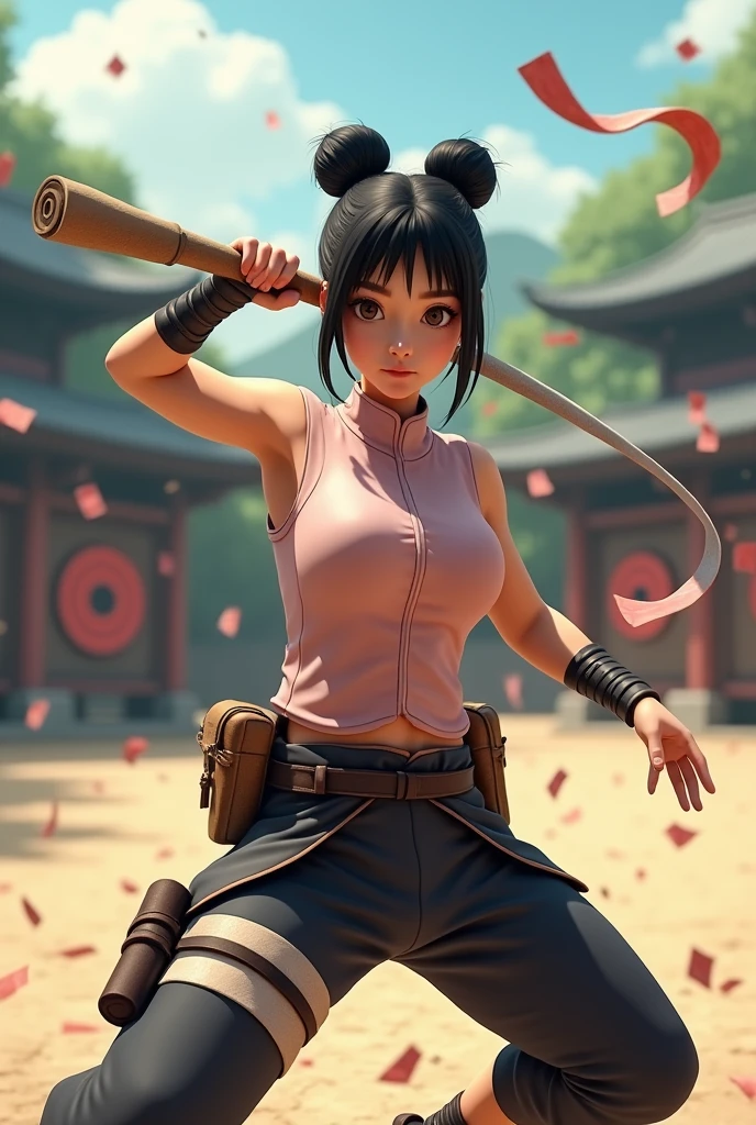Create a 3D image of a skilled female ninja inspired by Tenten from Naruto. She has her hair styled in two distinctive buns on the top of her head, giving her a practical yet unique look. Her expression is focused and determined, reflecting her expertise in weaponry. She wears a sleeveless, high-collared Chinese-style top in pale pink, paired with dark pants and a utility belt loaded with scrolls and ninja tools. Tenten is depicted mid-action, gracefully wielding a large scroll that unravels to release various weapons into the air. The background is a traditional training ground with targets and practice dummies, set under a clear, bright sky, showcasing her skill and precision.