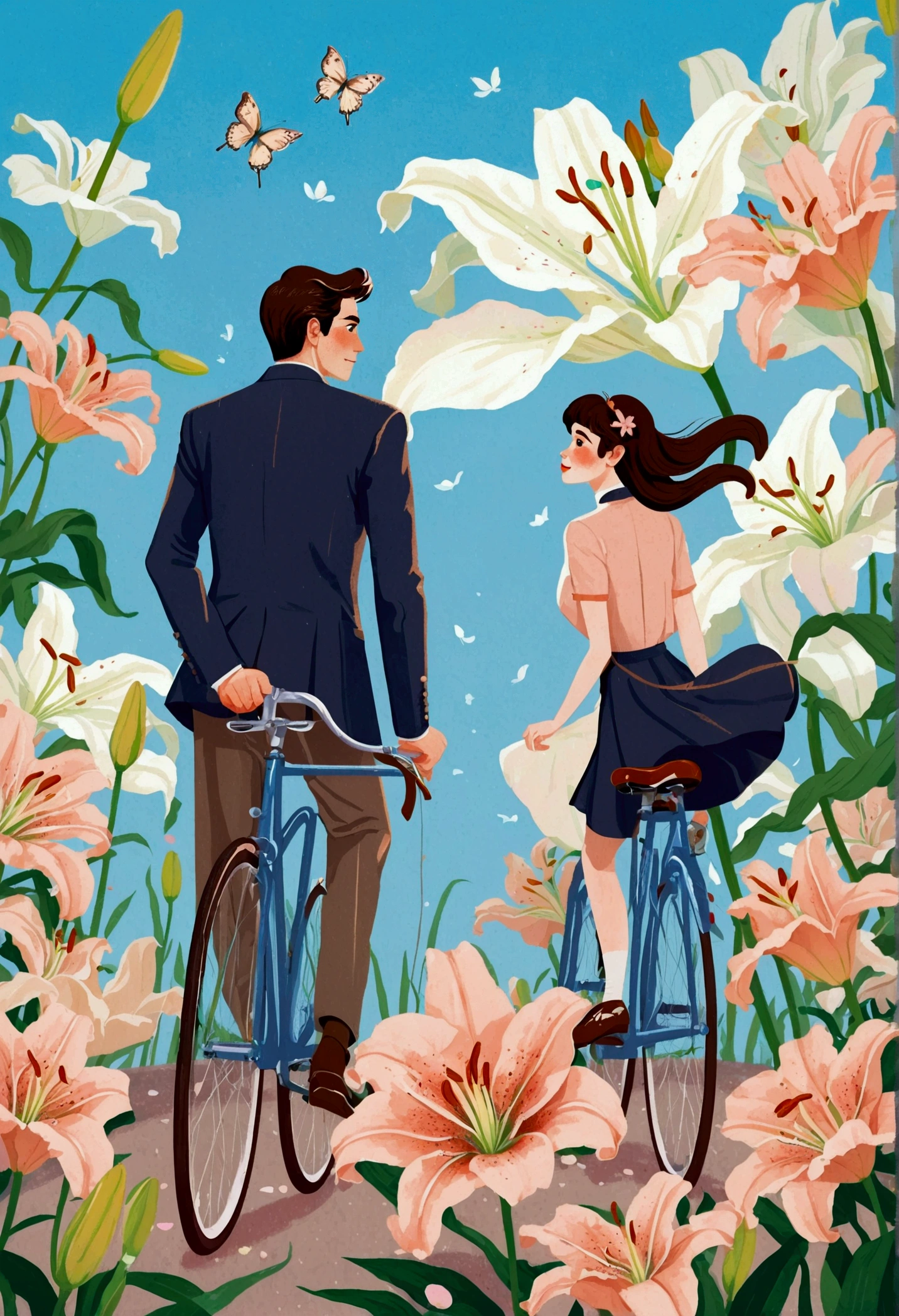 a portrait of Bicycle, the background is the petals of an oversized lily, with a men, The flower has green stamens and long leaves, creating a dreamy effect. In light pink and sky blue tones, this illustration features cartoon characters and vector graphics. It was created using digital painting in the style of artists such as award winning illustrators 