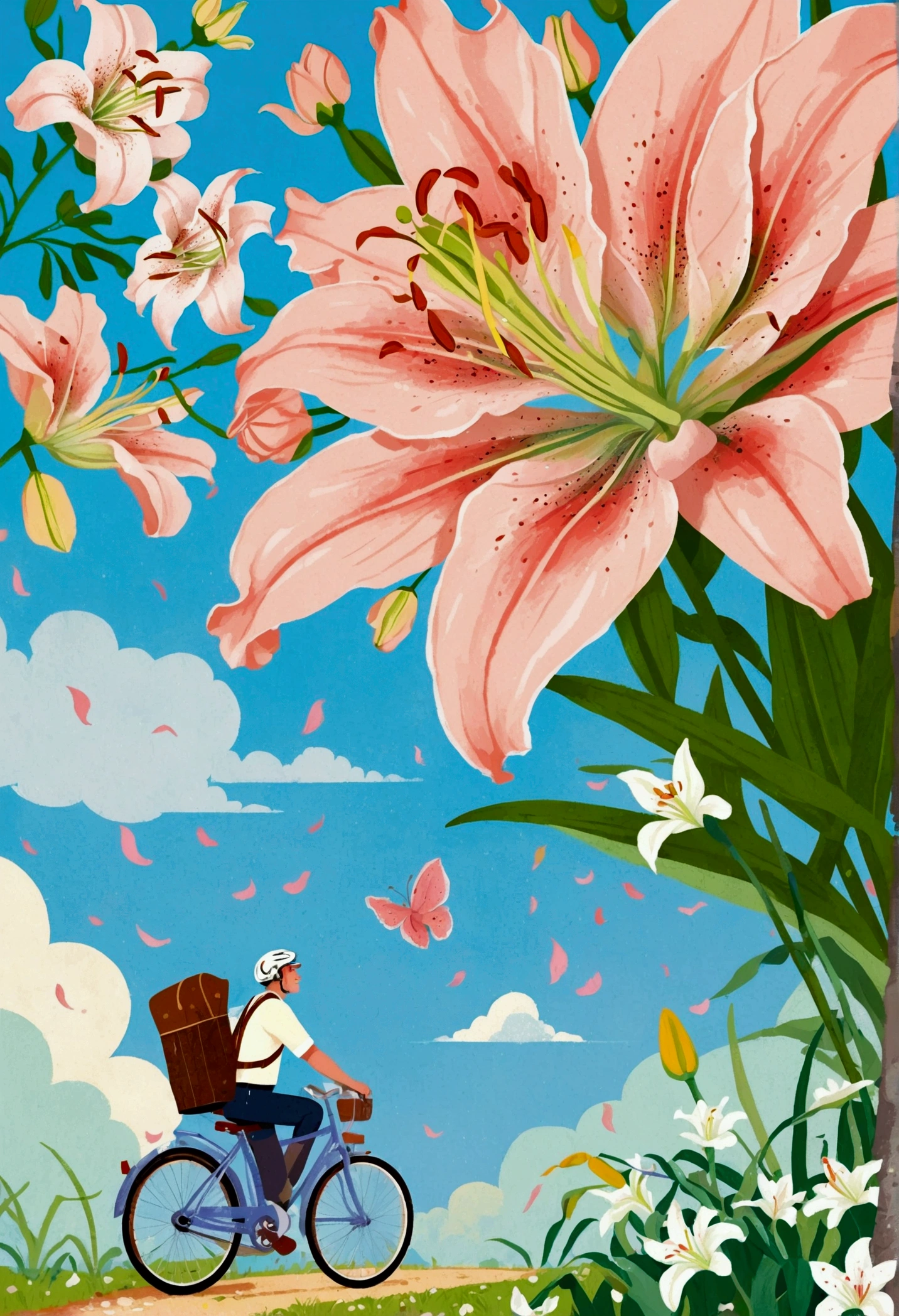 a portrait of Bicycle, the background is the petals of an oversized lily, with a men, The flower has green stamens and long leaves, creating a dreamy effect. In light pink and sky blue tones, this illustration features cartoon characters and vector graphics. It was created using digital painting in the style of artists such as award winning illustrators 