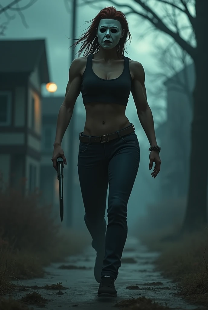 Create a muscular female version of the killer Michael Myers in animation
