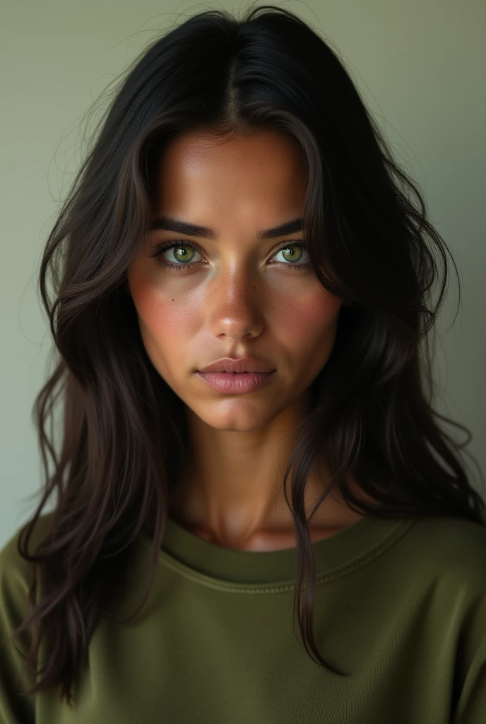 25 year old girl, Her long hair is dark brown and her eyes are green, Her skin is brown, wide square face, His expression is serious and cold, His clothes are in shades of green and brown. front view