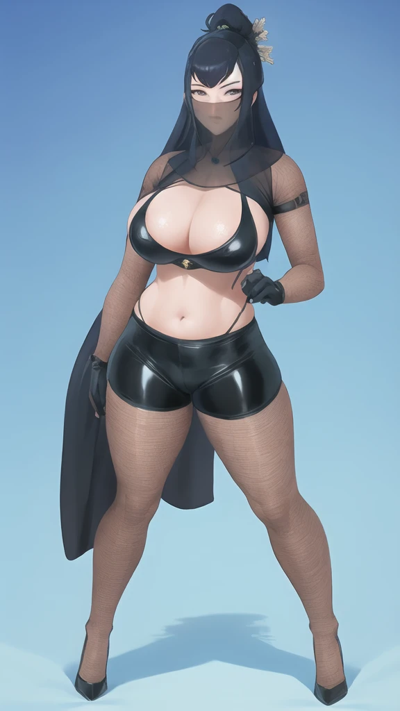 Bowei, (lifelike, high - resolution:1.3) , full body , 1 girl with a perfect body, Super fine face and eyes,slong hair, diamond cut neckline midriff of black colors:1.2,fishnet upper body stockings, black shiny leggings,face veil, big boob,Expose cleavage, ninja pose, satin gloves.