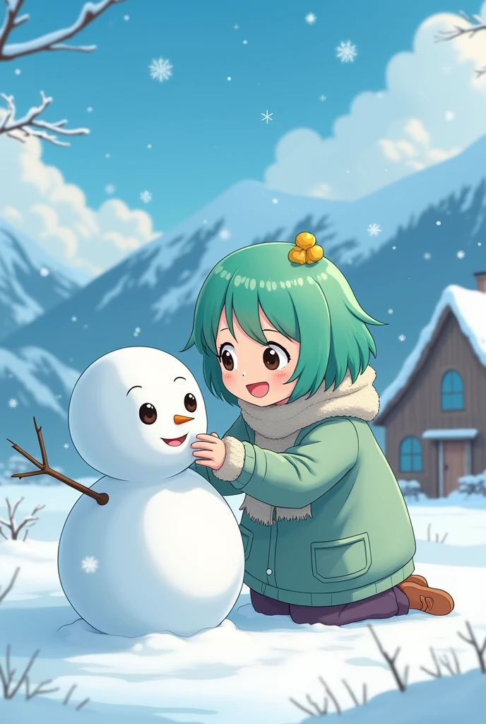 _modelshoot style, banchan is happily building a snowman with olive eyes, single house background, snowy mountains background, snowing, (banchan green hair:0.8), (banchan yellow hair:0.7), (banchan ombre hair:0.4), (focus on banchan: 0.8), Zoom Lens Shot, by studio ghibli, (((masterpiece))), (((best quality))), (extremely detailed CG unity 8k wallpaper)