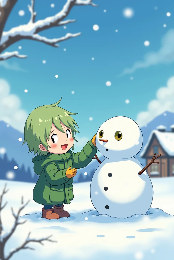 _modelshoot style, banchan is happily building a snowman with olive eyes, single house background, snowy mountains background, snowing, (banchan green hair:0.8), (banchan yellow hair:0.7), (banchan ombre hair:0.4), (focus on banchan: 0.8), Zoom Lens Shot, by studio ghibli, (((masterpiece))), (((best quality))), (extremely detailed CG unity 8k wallpaper)