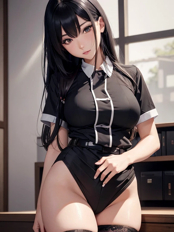 Photorealistic, high resolution, A Japanese Nurse named Jade, Solo, Hips up, view the viewer, (Detailed face), Black hair, Long hair, Nurse outfit, black Panties, Stockings. Fully clothed