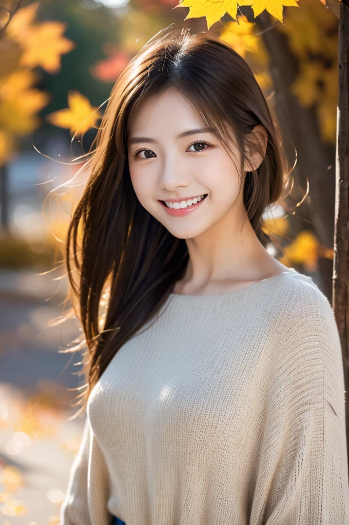 Image resolution 8K、Representative works:1.3)、Beauty、1 female、(魅力的なbody:1)、abdomen:1.1、Dark Brown Hair:1.1、(body:1)、Super detailed facial features、Attractive lips、double eyelid、Wearing a fashionable and stylish V-neck shirt、Super realistic and super cute details、Japanese women、10th generation(18-year-old)、Adorable smile with a smile、Hair blowing in the wind、ponytail、Portrait in the studio、Maple leaves are turning red in the autumn season.、Nice pose、
