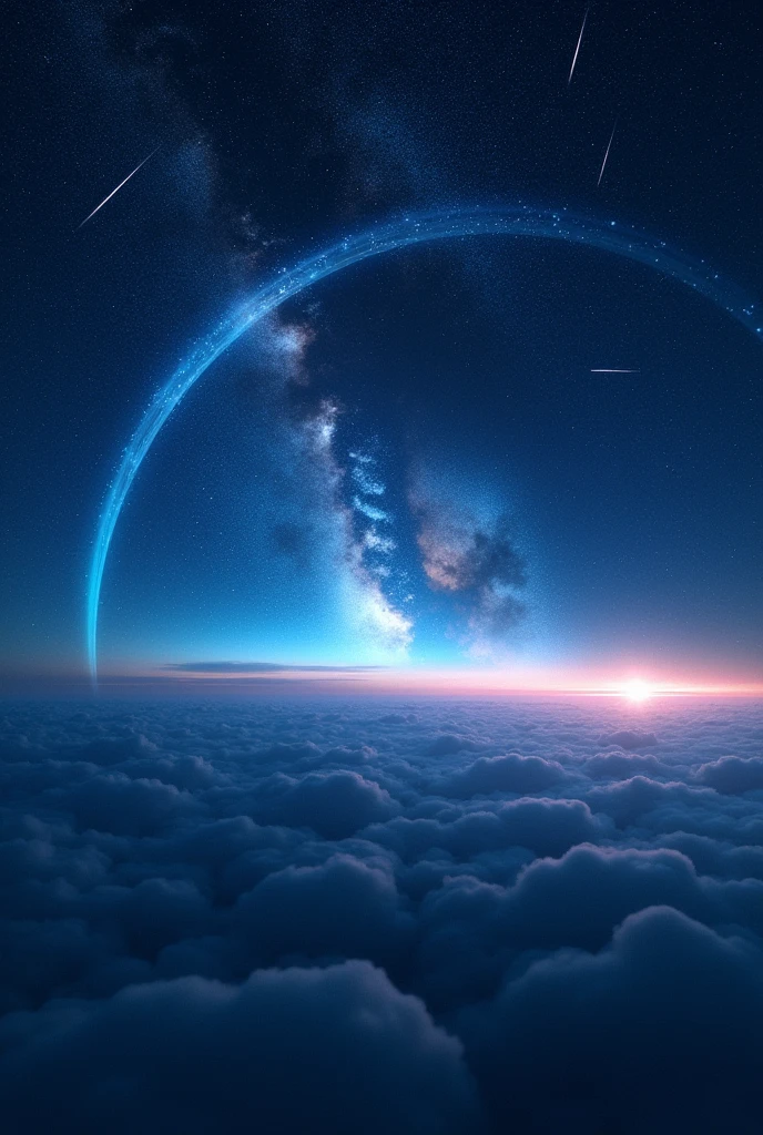 "A vast night sky filled with countless stars, some of them shining brightly with a soft, ethereal glow. Shooting stars streak across the sky, leaving behind trails of shimmering light. In the distance, a faint rainbow arc spans the horizon, blending into the deep blue of space, with hints of nebulae and galaxies in the background　8ｋ　Ultra HD、Ultra-precision